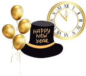 gold balloons, party hat, and clock