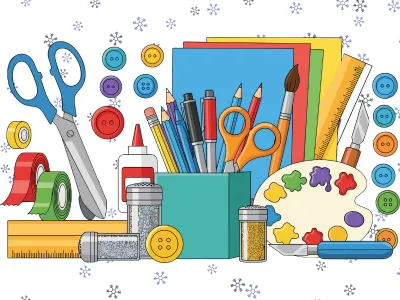 art supplies on a snowflake background