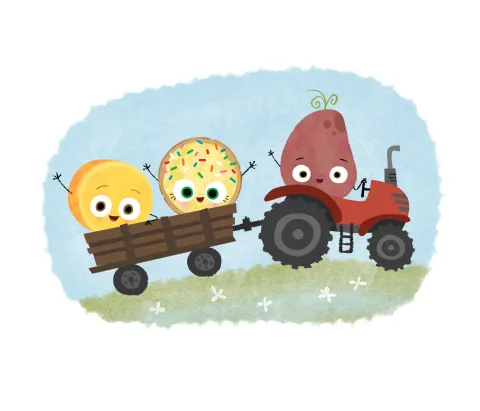 Jory John food group characters in tractor and wagon