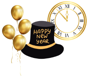 gold balloons, party hat, and clock