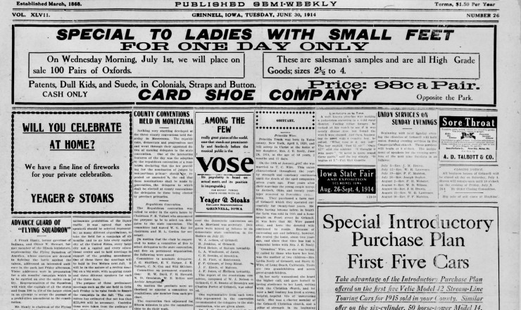 Grinnell Herald front page, June 30, 1914
