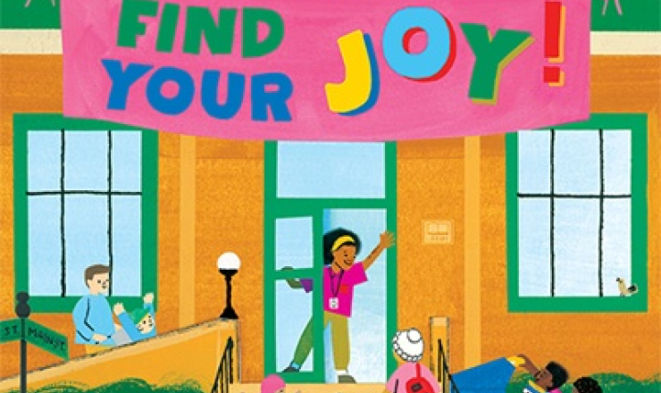 Teacher waving to students under a find your joy banner